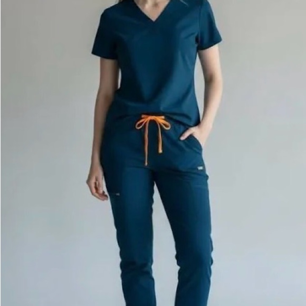 Figs Women's Dark Blue Joggers with Bright Orange Drawstring